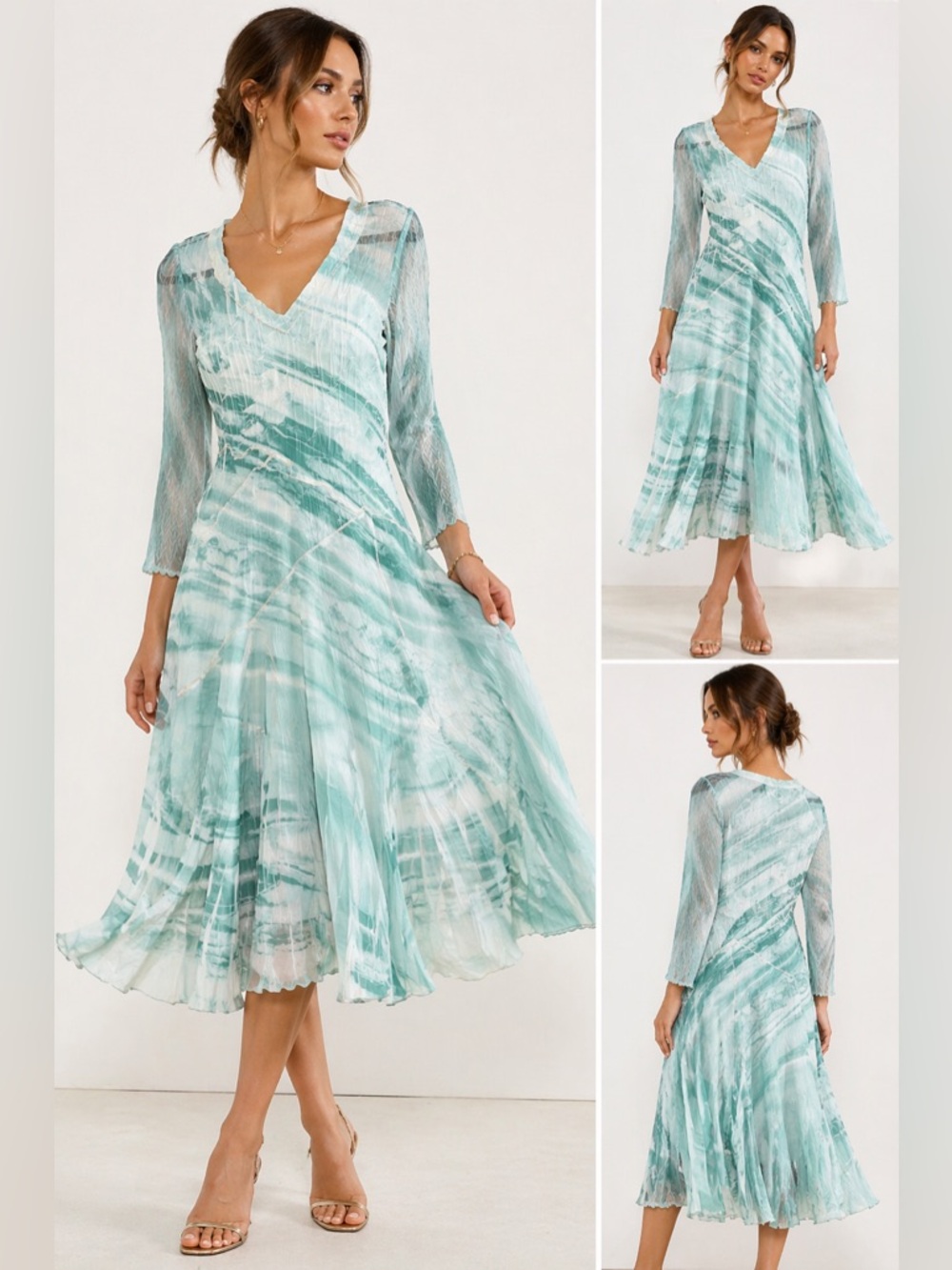 Komarov Mint Green Crinkle Chiffon Midi Dress XS Sheer Sleeve Flowy